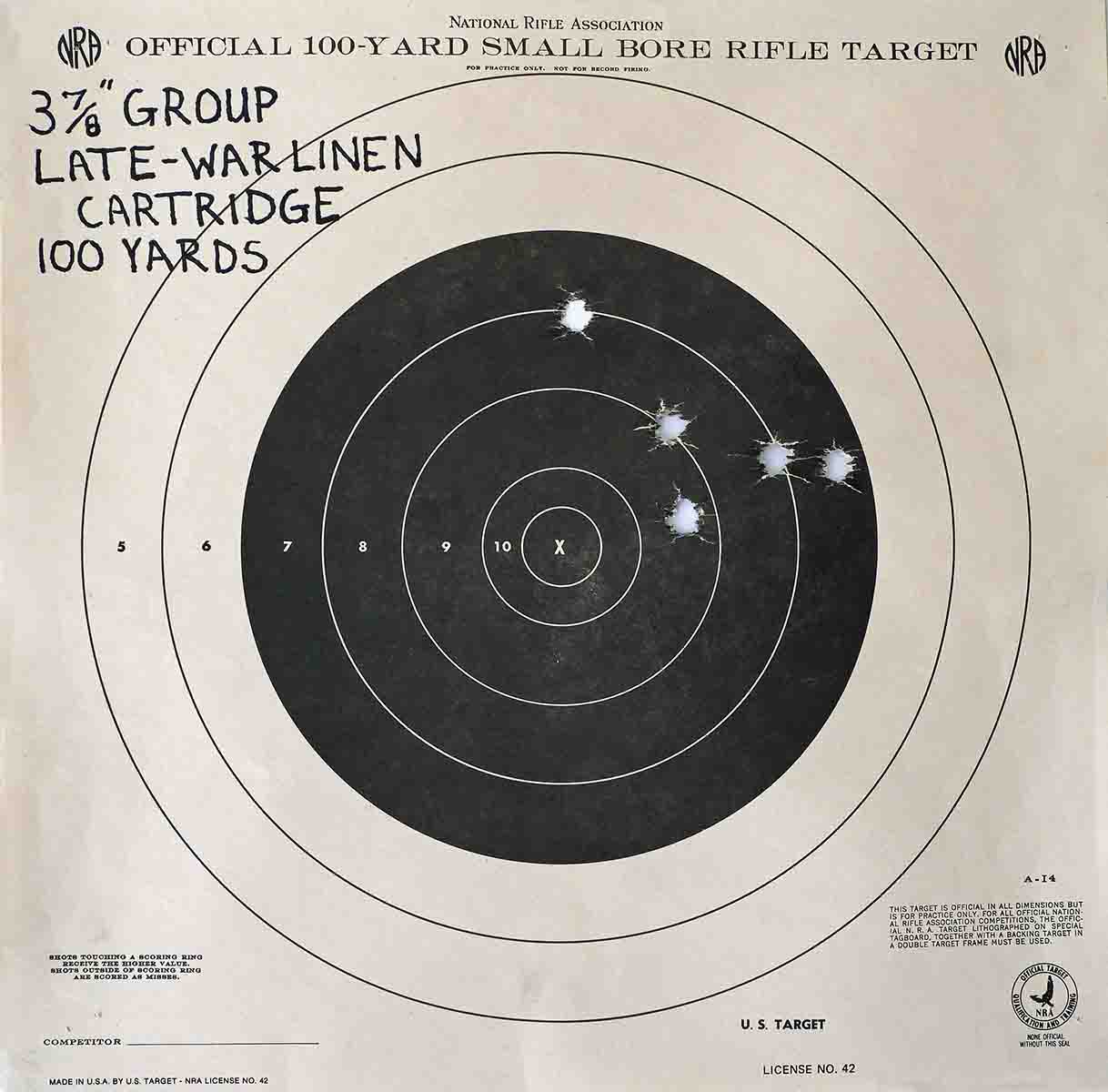 This target represents the average five-shot group – not the smallest, or the largest. Every group had at least one small flyer, probably due to tiny bits of linen and/or glue adhering to the base band of the bullet.